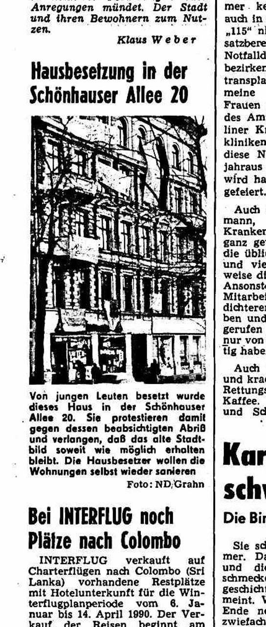 Schönhauser Allee 20/21. Genau eine Woche nach Verkündung der Besetzung der Schönhauser 20 das berichtete das SED-Parteiblatt Neues Deutschland.
